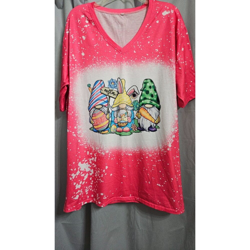 Easter Gnomes Graphic Tee With Pink & White Splatter Design V-Neck Short Sleeve